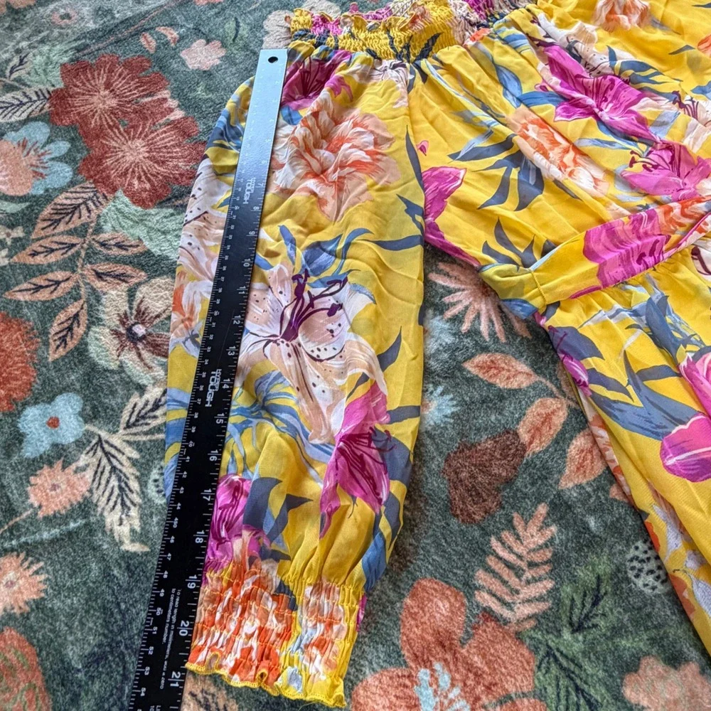Kate and Lily Yellow Floral Maxi Dress Smocked‎ Off Shoulder Long Sleeve Size 14
